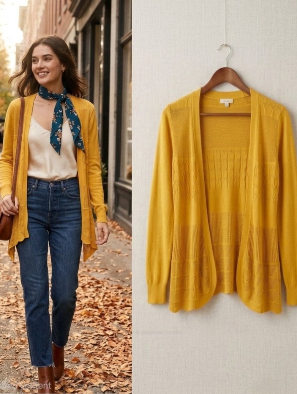 DEBUT Mustard Yellow Pointelle Open Front Knit Cardigan Sweater M